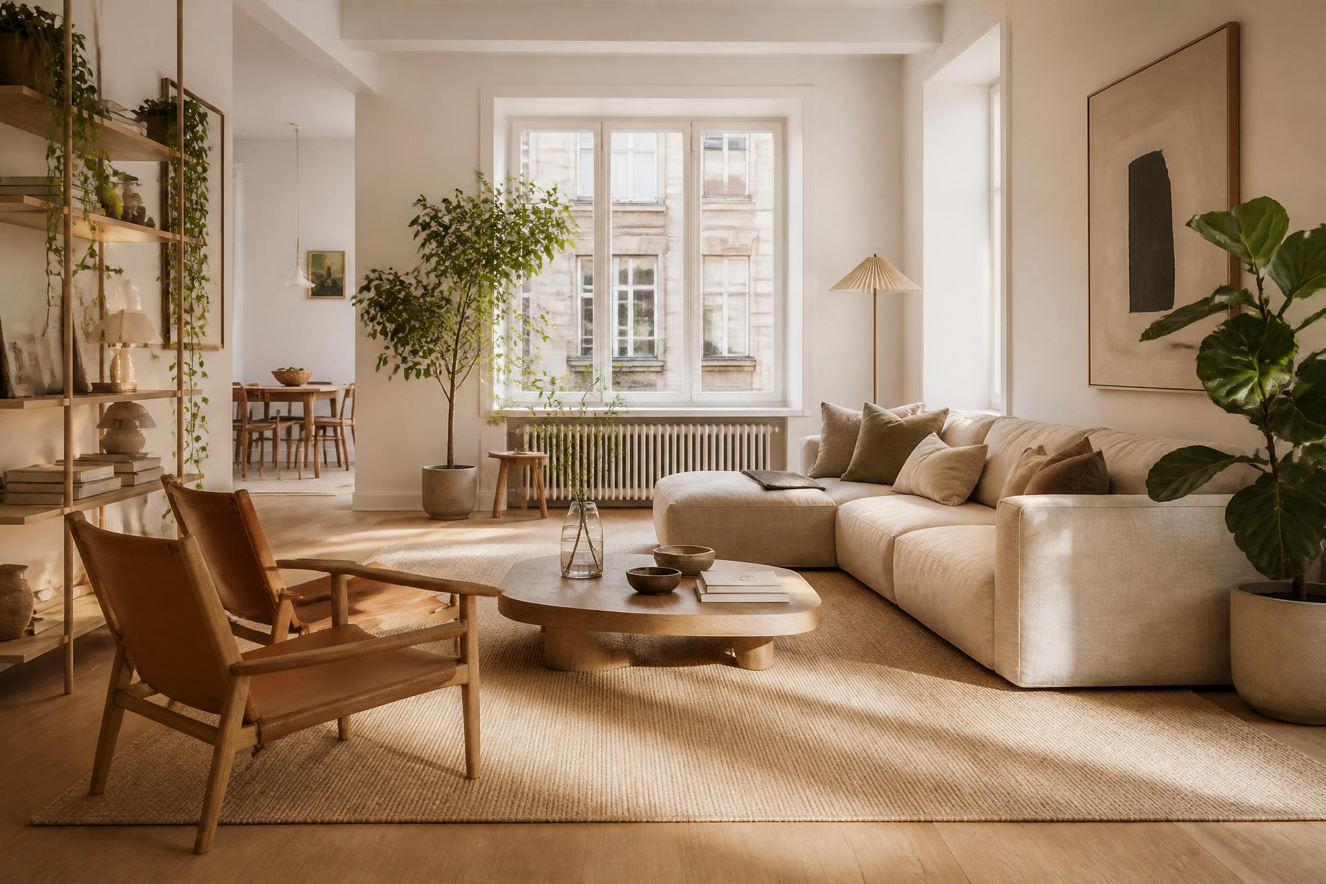 A calm, well-furnished NestaHive living room with natural light